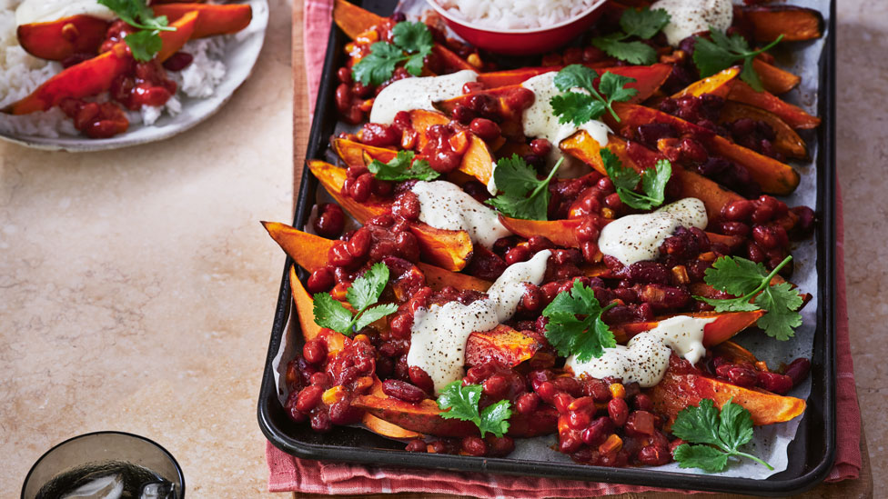 Sweet potato and chilli bean tray bake