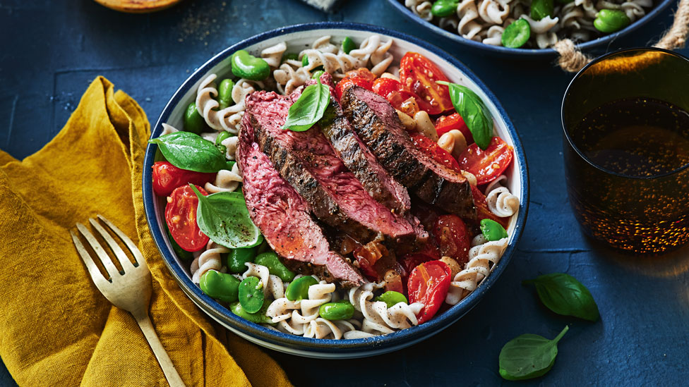 Tomato and broad bean pasta with chargrilled kangaroo