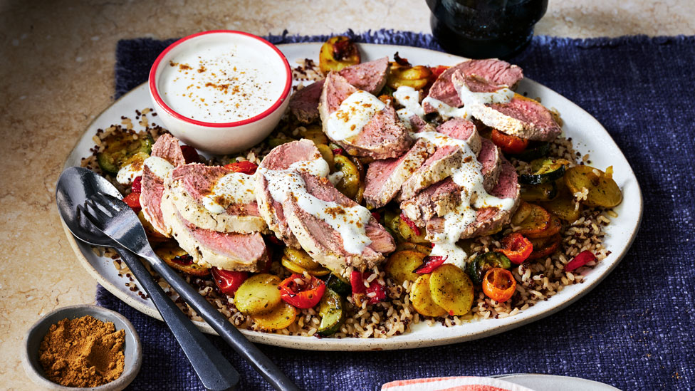 Yoghurt-coated lamb with Mediterranean-style veg