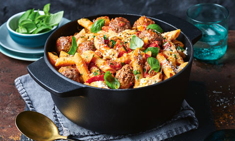 Brent Draper’s One-pan meatball penne with whipped ricotta