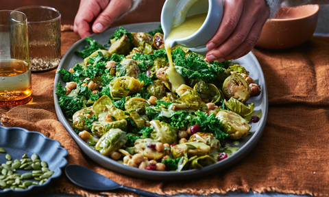 Brussels sprouts and kale with tahini dressing