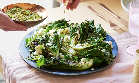 Charred baby gem salad with tahini dressing