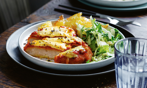 Cheat’s chicken parmigiana with smashed potatoes