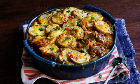 French onion beef casserole with garlic-butter potatoes