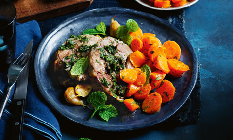 Lamb shoulder roast with carrots and chimichurri