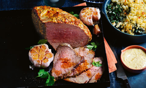 Curtis Stone’s mustard roast beef with creamed silverbeet