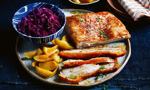 Curtis Stone’s pork belly with caramelised apples and cabbage