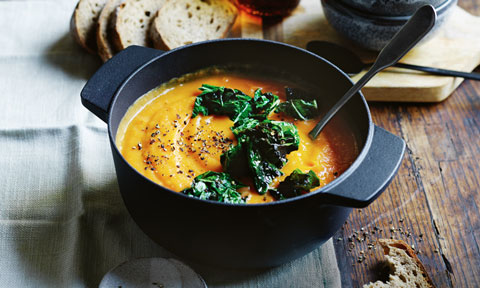 Speedy sweet potato and silverbeet soup