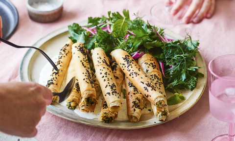 Spinach and ricotta filo cigars with herb salad