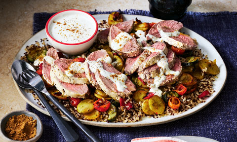 Yoghurt-coated lamb with Mediterranean-style veg