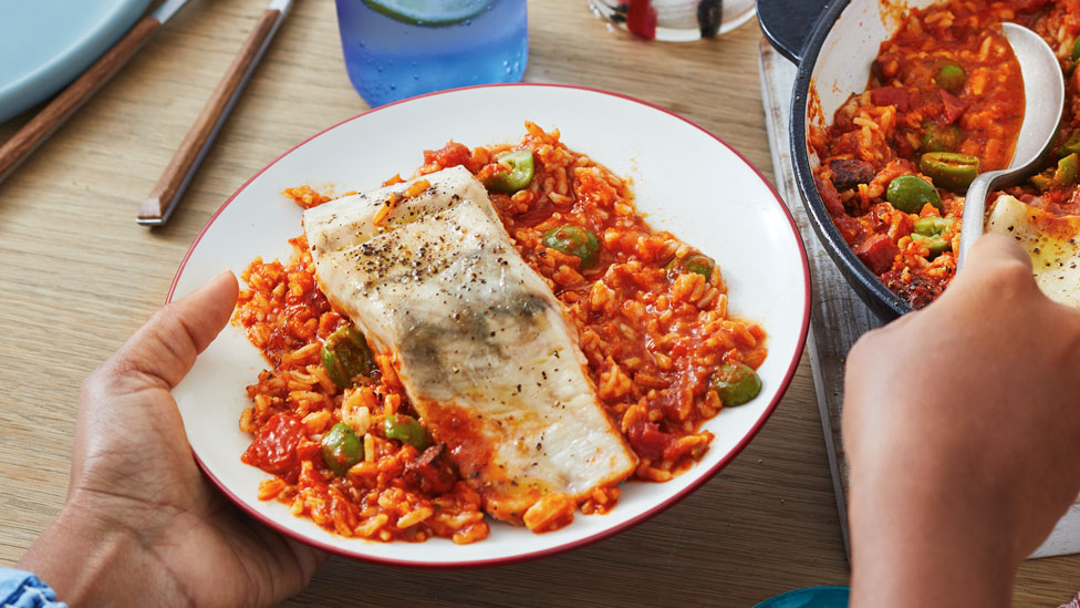Chorizo, tomato and olive baked barramundi