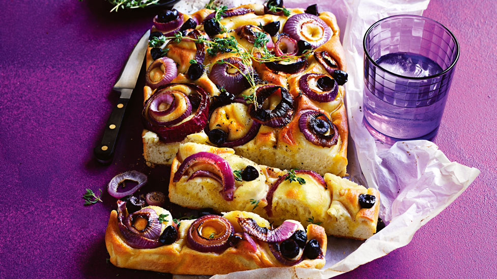 Caramelised onion and olive focaccia