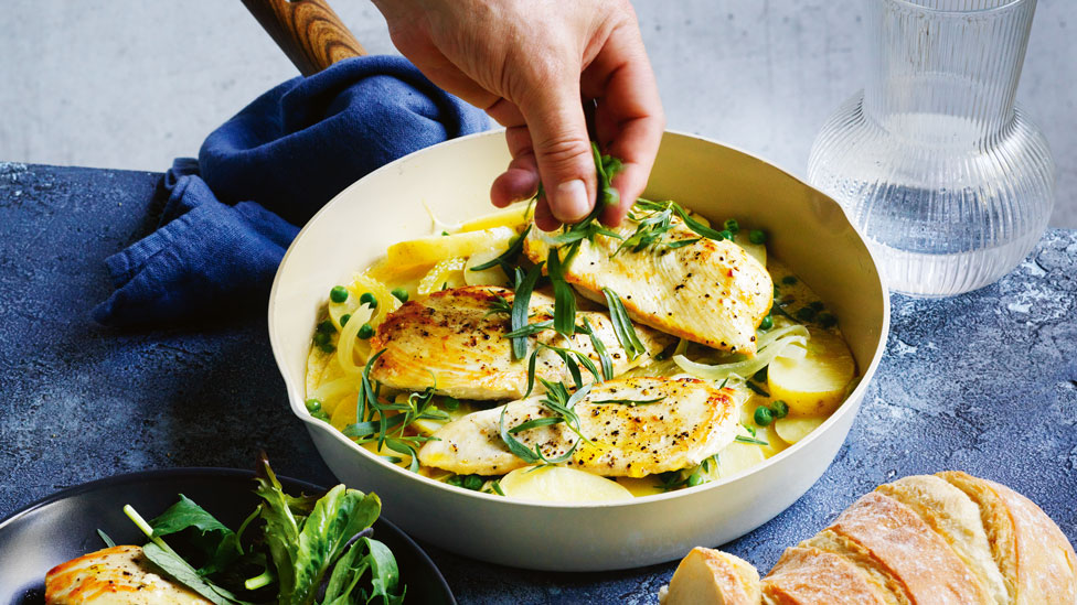 Creamy white wine chicken and baby potatoes