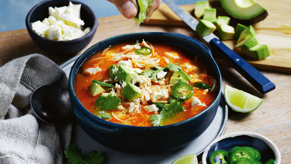 Curtis Stone’s Mexican-style chicken noodle soup with avocado