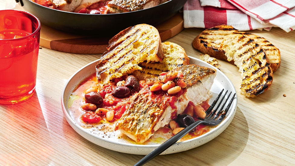 One-pan barramundi with tomato and olives