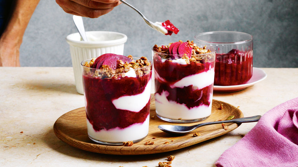 Plum compote and granola crumbles 