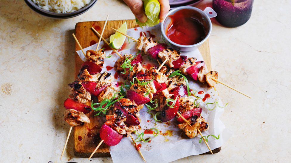 Pork and plum kebabs with sesame rice