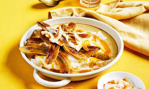 Banana and coconut pie with butterscotch sauce