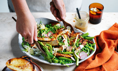 Chargrilled chicken and baby pea salad