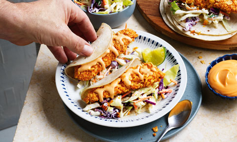 Corn-chip crumbed chicken tacos