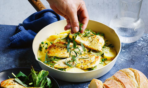 Creamy white wine chicken and baby potatoes