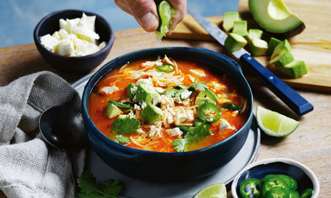 Curtis Stone’s Mexican-style chicken noodle soup with avocado