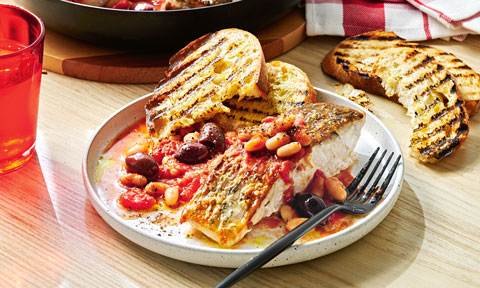 One-pan barramundi with tomato and olives