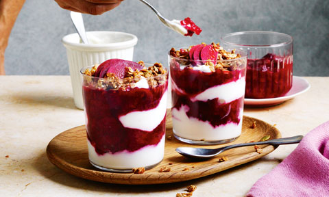 Plum compote and granola crumbles