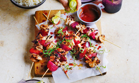 Pork and plum kebabs with sesame rice