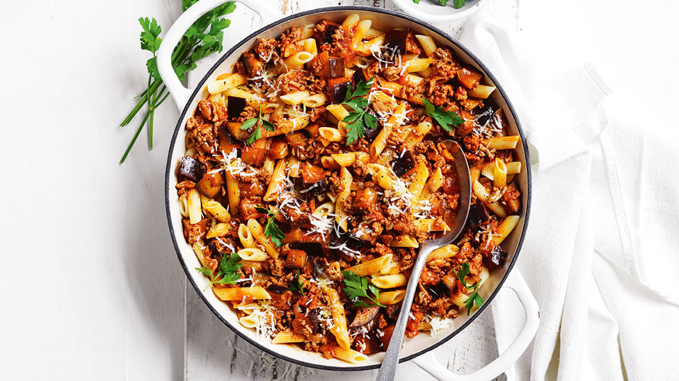 A bowl of lamb and eggplant pasta