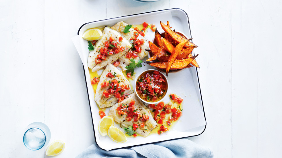 Fish and chips with tomato salsa
