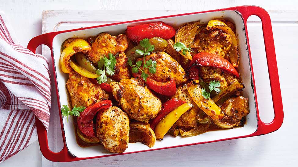 Korma chicken and mixed capsicum tray bake