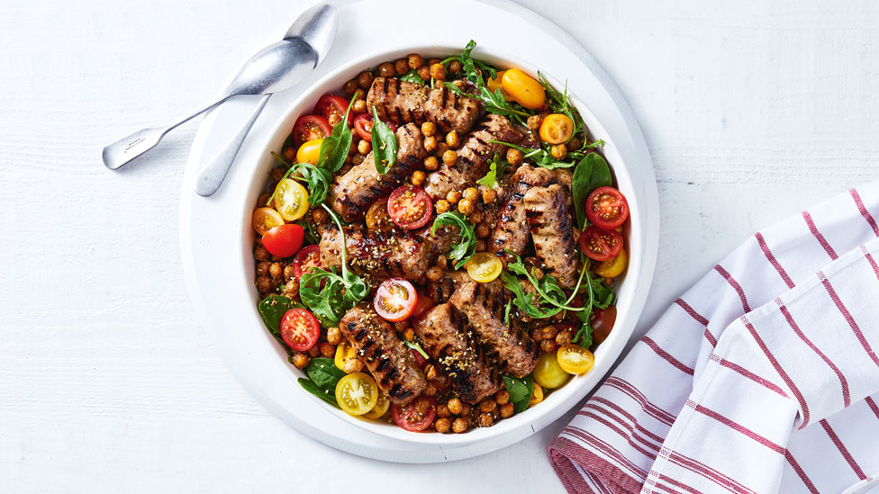 Grilled lamb kebabs with chickpea and tomato salad