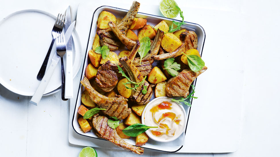 Lamb with Indian-style spiced potatoes and mango chutney