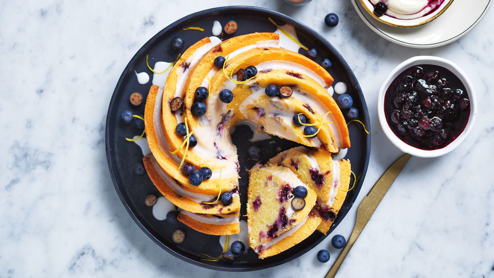 Lemon & blueberry bundt cake with lemon drizzle and blueberry compote