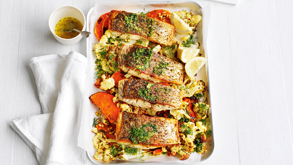 Lemon butter barramundi portions with roasted vegetables