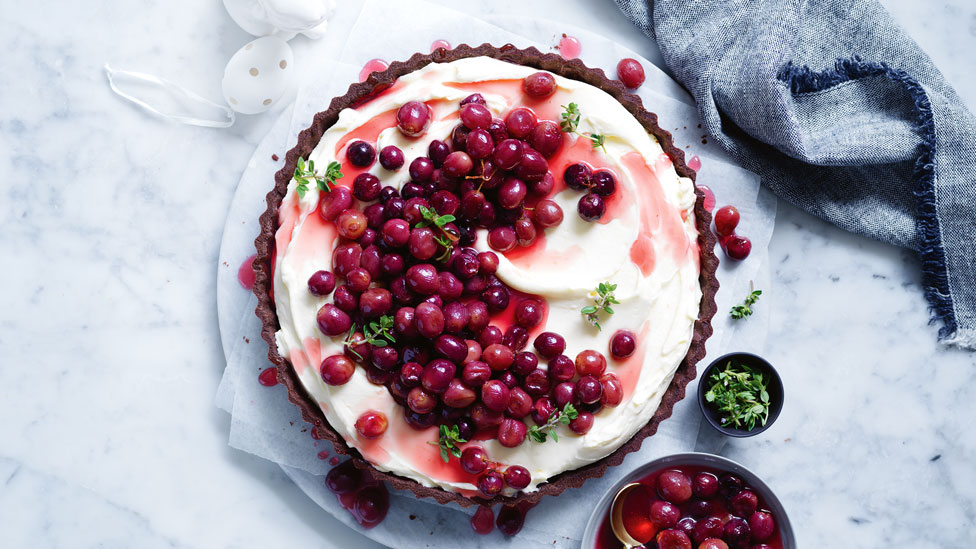 Mascarpone chocolate tart topped with roasted grapes