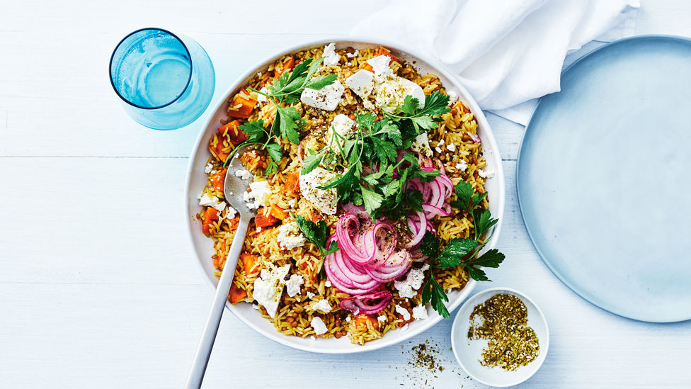 Persian-style pilaf with sweet potato, fetta and lentils