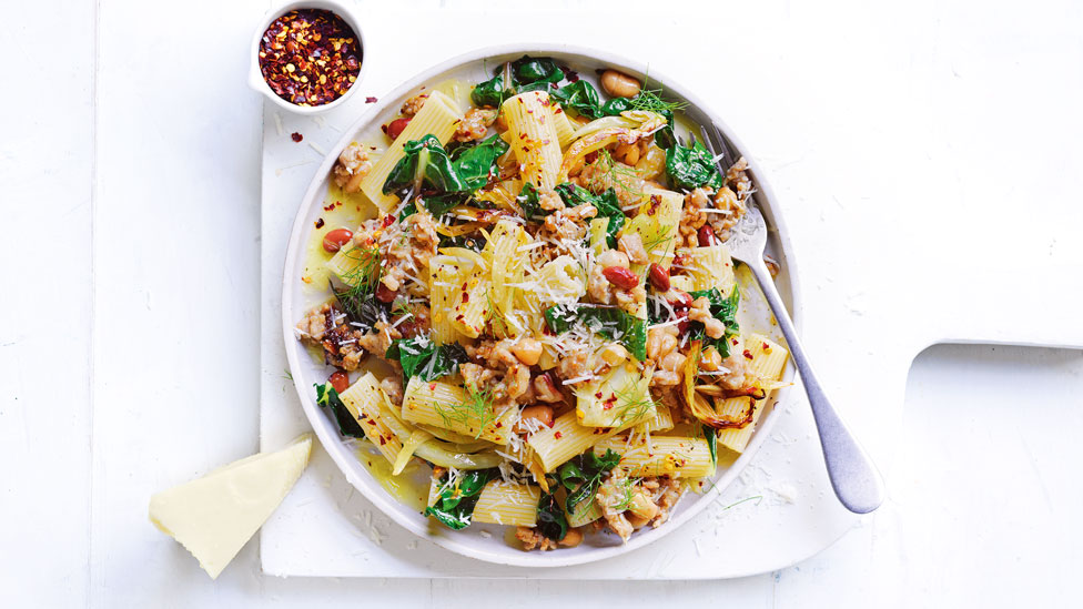 Sausage, bean and shredded silverbeet pasta