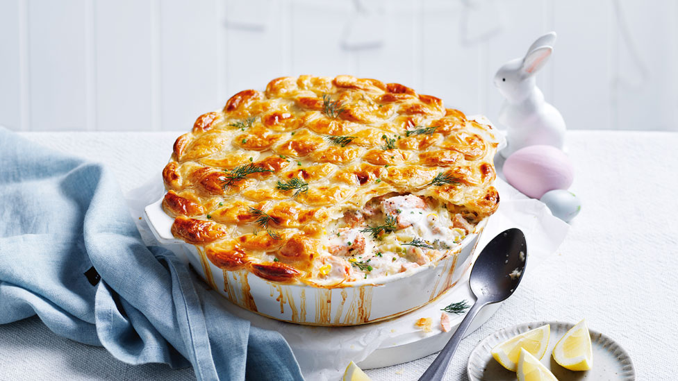 Seafood chowder pie covered in crispy puff pastry