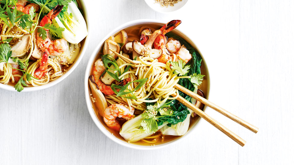 A prawn and mushroom ramen with baby bok choy