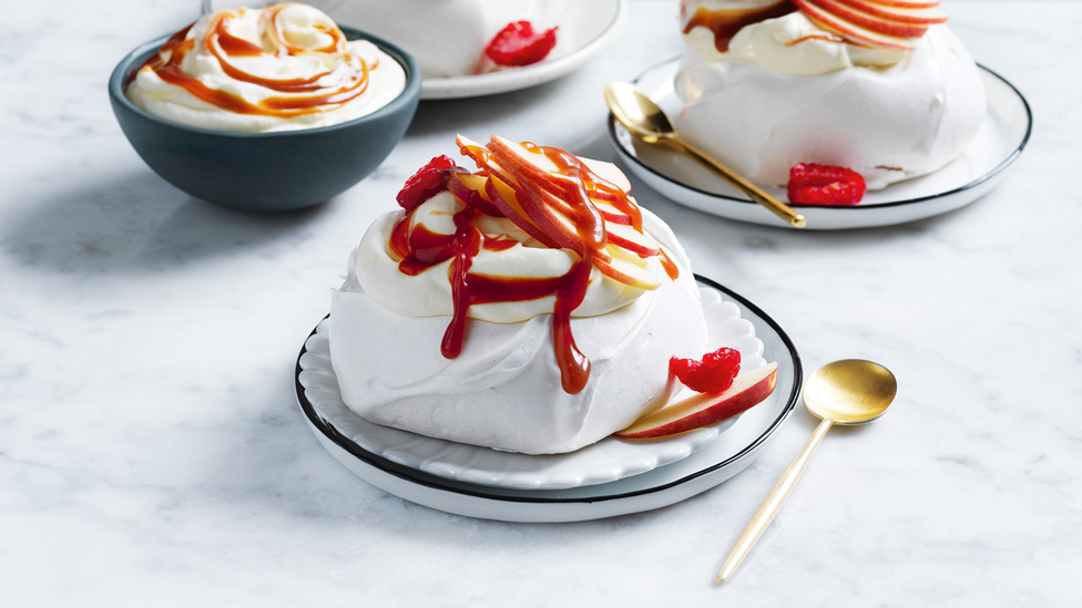 Toffee apple pavlovas with caramel sauce