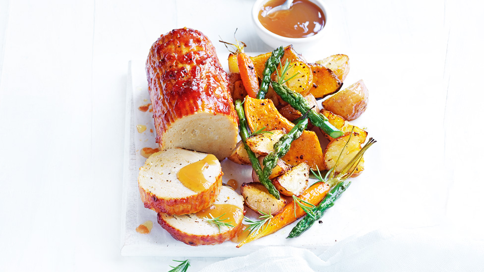 Tomato glazed meat-free roast with garlic veg and gravy