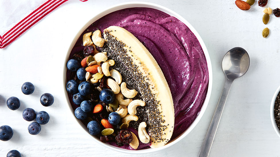Açai smoothie bowl with banana and blueberries
