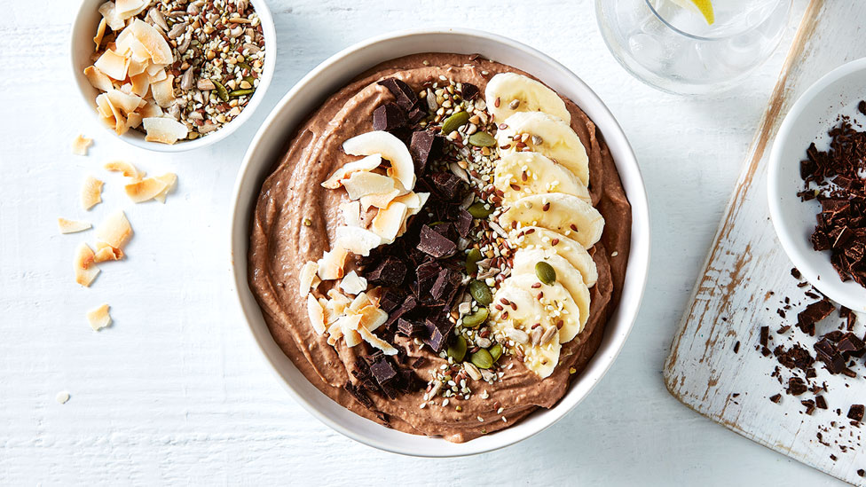 Choc-avocado smoothie bowl with chopped frozen banana