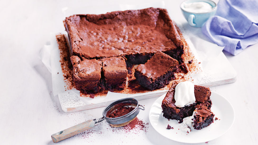 Flourless chocolate and almond cake cut into cubes