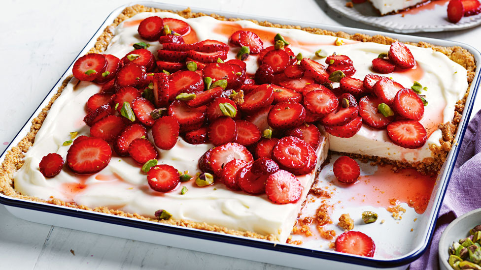 Gluten-free strawberry cheesecake slice with pistachios