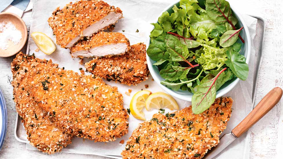 Crumbed chicken and salad