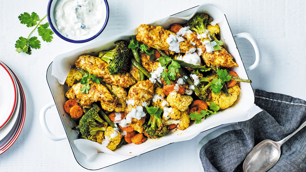 Korma chicken and vegetable medley tray bake