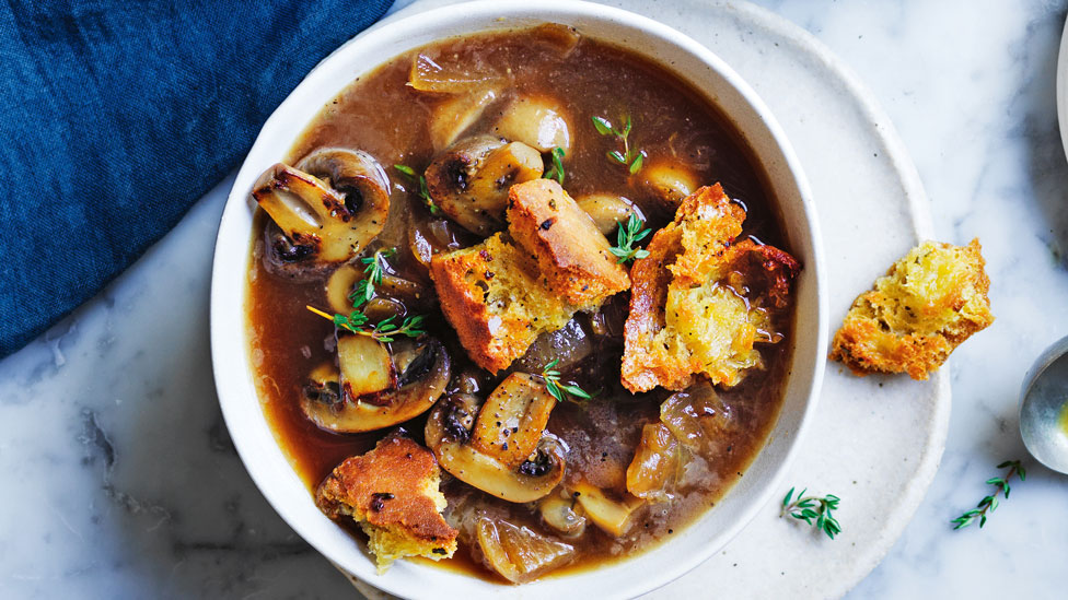 Mushroom and onion soup with garlic ciabatta croutons